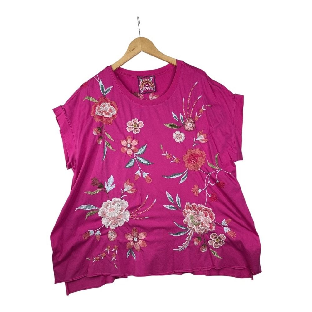 Johnny Was Pink Floral Embroidered Short Sleeve Tee